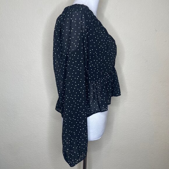 H&M Polka Dot Plunge V-Neck Back Tie Balloon Sleeve Peplum Blouse Coquettegirl L - Picture 7 of 15